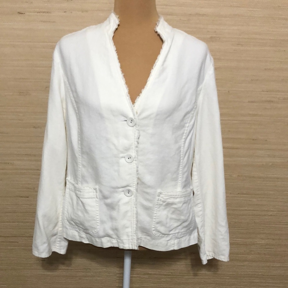 J. Jill Women's Ivory Cream Button-Up Fringe Linen Blend Blazer Jacket size 12